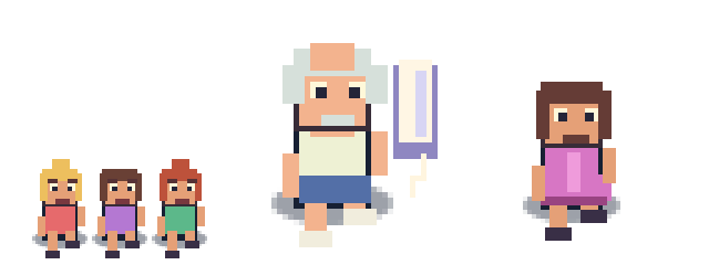 Pixel-art Tim holding a tampon, a man in dress, and three of the roaming women